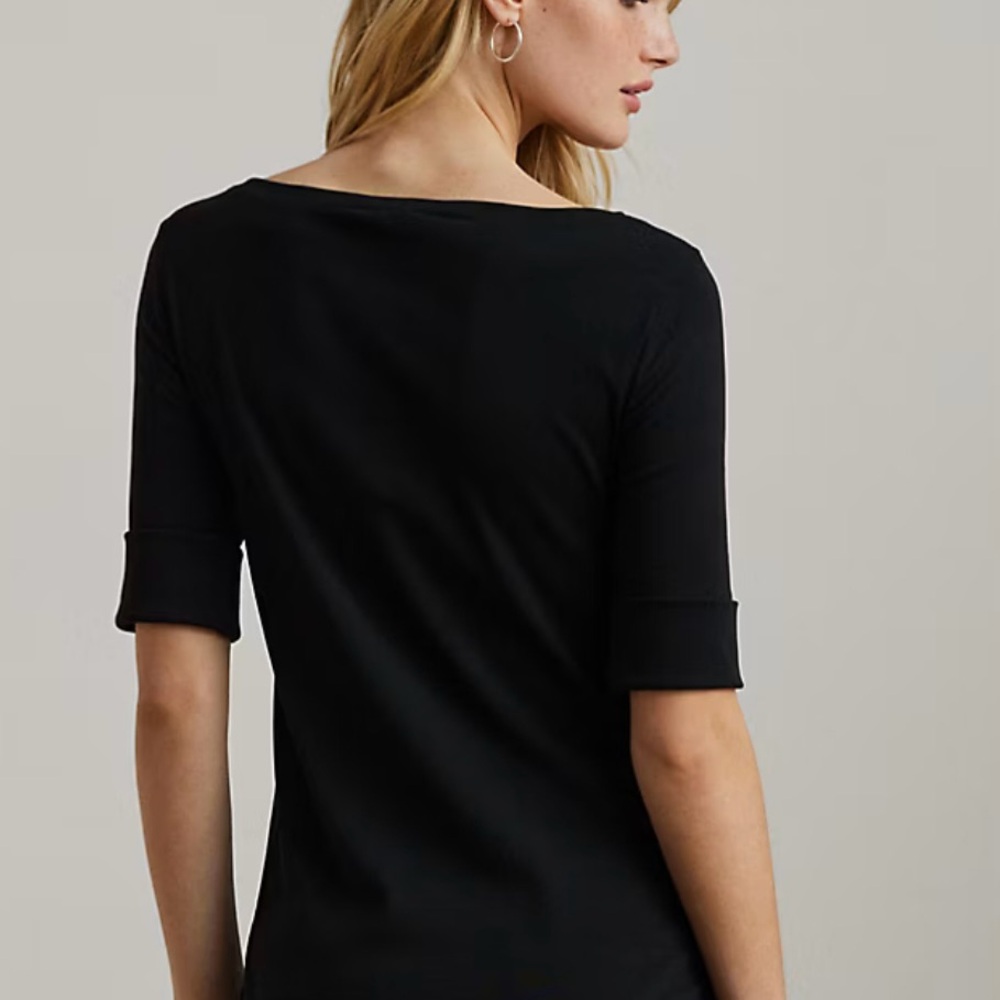❌ SOLD ❌ Lauren Ralph Lauren • Stretch Cotton Boatneck Elbow Sleeve Black Tee - Picture 2 of 7